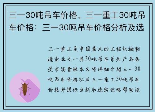 三一30吨吊车价格、三一重工30吨吊车价格：三一30吨吊车价格分析及选购攻略