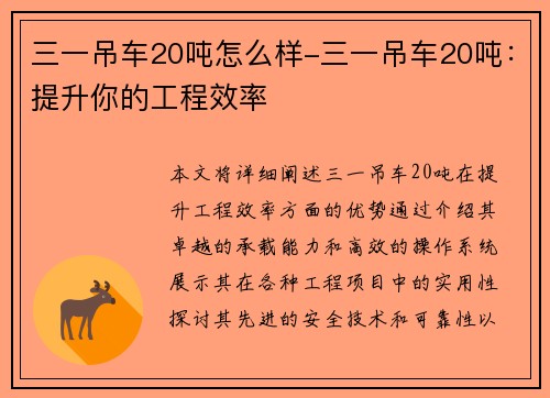 三一吊车20吨怎么样-三一吊车20吨：提升你的工程效率