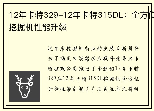 12年卡特329-12年卡特315DL：全方位挖掘机性能升级